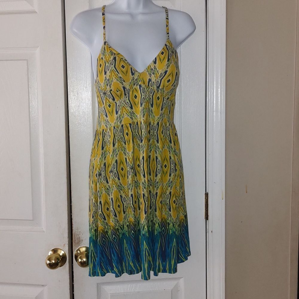 Jessica Simpson crisscross back yellow turquoise summer super soft  dress Sz M